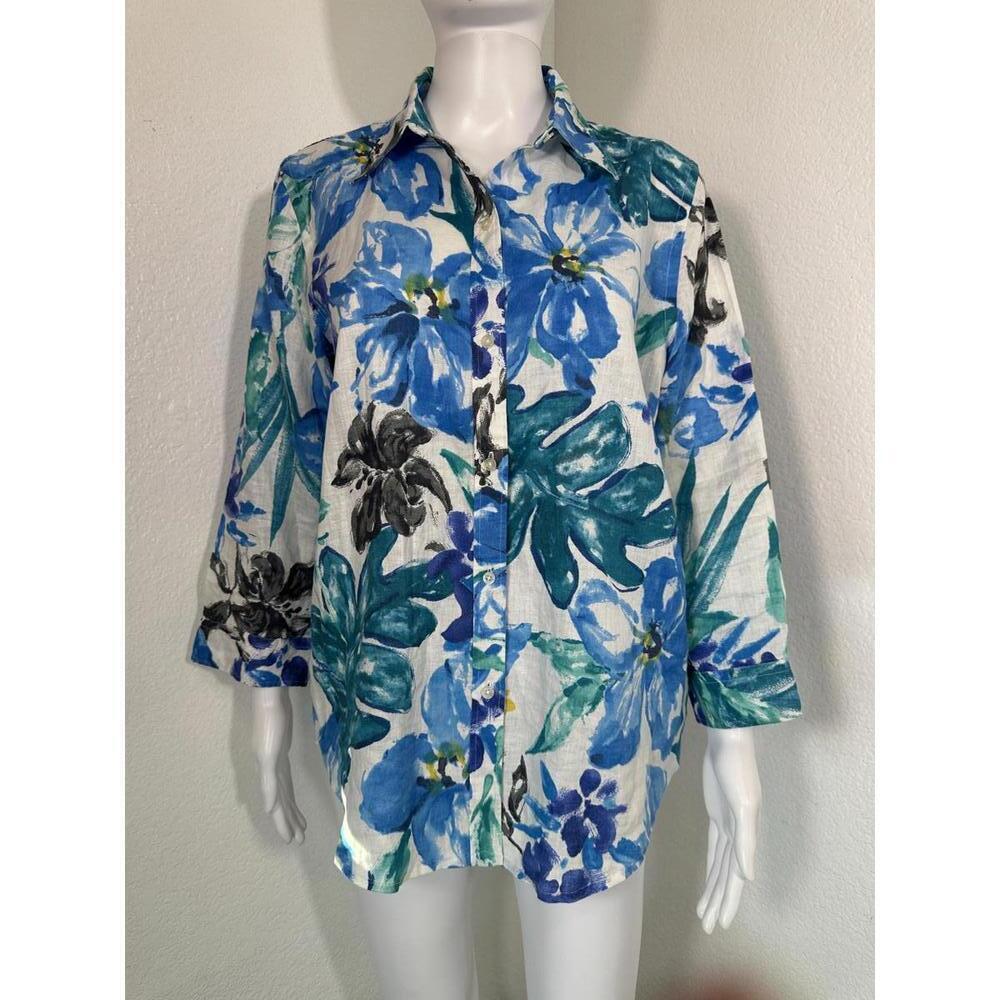 VTG 90s Women’s L Ralph Lauren Tropical Floral Linen Button Up Y2K Cruise Beach